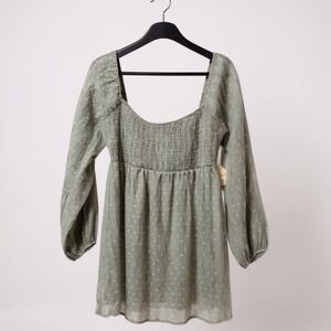 Altar'd State Long Sleeve Smocked Square Neck Dress‎ Sage Green Size S NEW
